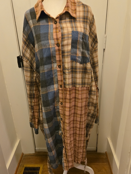 Oli & Hali Dresses & Skirts - Oli & Hali Autumn Fall Patchwork Brown and Navy Plaid Shirt Dress Jacket Size L